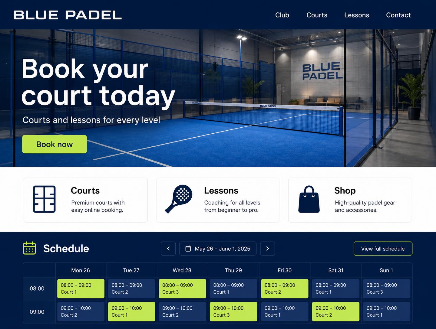 Blue Padel Club desktop website design